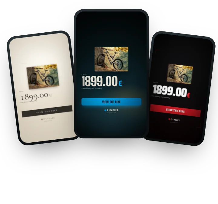 Three Zerendi Stories rendered for the same product, Elegant, Active and Bold themes